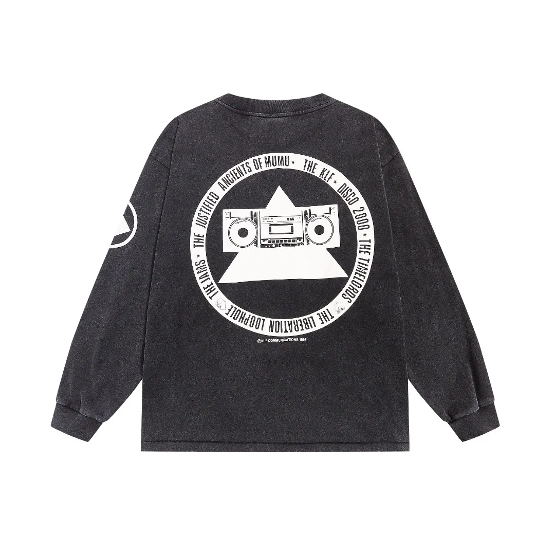 Mechao Saint Michael "klf exhibition limited" vintage distressed washed crack printed long-sleeved loose T-shirt Fabric: 260g Style number: SM02 Size: S-M-L-XL Color: Black Price: P156